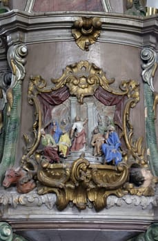 Jesus in the temple, the pulpit in the Saint Dominic Parish Church in Konjscina, Croatia