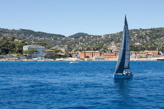 Liguria, Italy - 07 August 2023: the coastline between Rapallo and Santa Margherita Ligure, Ligurian riviera.