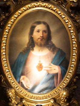 Bologna, Italy - 14 June 2024. San Luca Sanctuary. Heart of Jesus Christ painting.