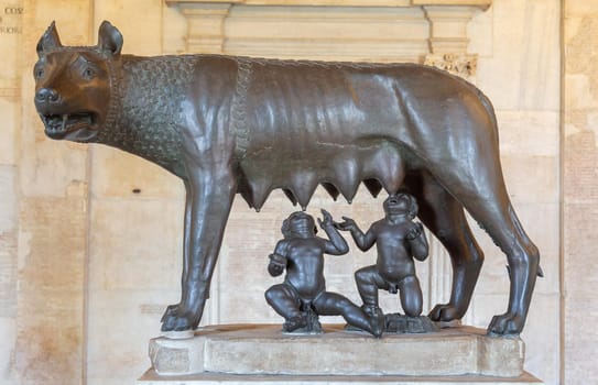 Rome, Italy - 20 August 2023: Capitoline museum, She-wolf, masterpiece of bronze sculpture early 5th century B.C.