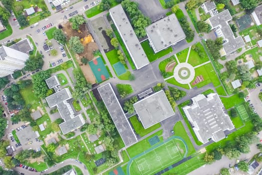 Top view of the city of Moscow, buildings and roads and other infrastructure of the city. Cityscape view from above.