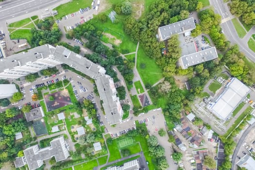 Top view of the city of Moscow, buildings and roads and other infrastructure of the city. Cityscape view from above.