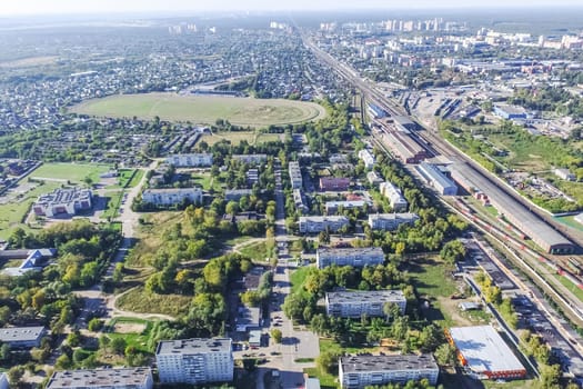 Top view of the city of Moscow, buildings and roads and other infrastructure of the city. Cityscape view from above.