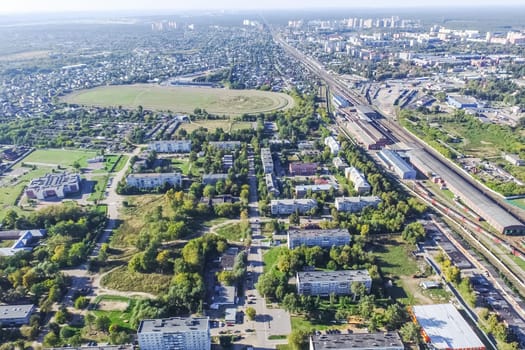 Top view of the city of Moscow, buildings and roads and other infrastructure of the city. Cityscape view from above.