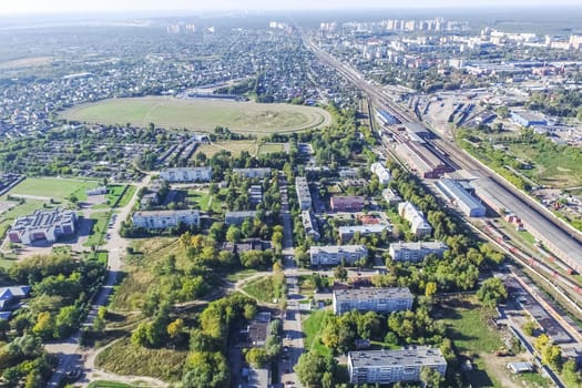Top view of the city of Moscow, buildings and roads and other infrastructure of the city. Cityscape view from above.