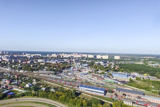 Top view of the city of Moscow, buildings and roads and other infrastructure of the city. Cityscape view from above.