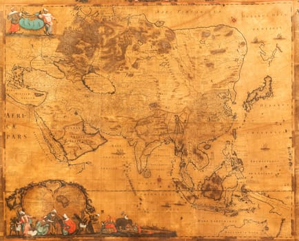 Genoa, Italy - 28 December 2023: ancient cartography located in Spinola Palace. Authentic old map showing the world known to Europeans in the mid 17-th Century. Exploration, geography, vintage background.