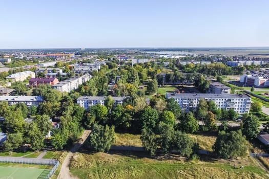 Top view of the city of Moscow, buildings and roads and other infrastructure of the city. Cityscape view from above.