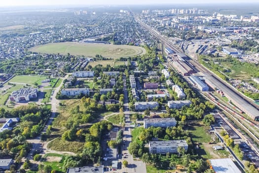Top view of the city of Moscow, buildings and roads and other infrastructure of the city. Cityscape view from above.