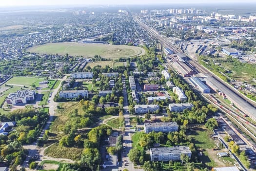 Top view of the city of Moscow, buildings and roads and other infrastructure of the city. Cityscape view from above.