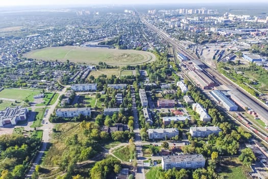 Top view of the city of Moscow, buildings and roads and other infrastructure of the city. Cityscape view from above.