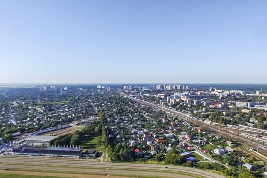 Top view of the city of Moscow, buildings and roads and other infrastructure of the city. Cityscape view from above.