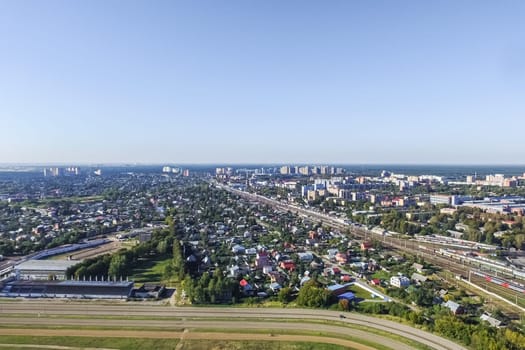 Top view of the city of Moscow, buildings and roads and other infrastructure of the city. Cityscape view from above.
