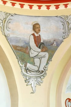 Saint Isidore the Laborer, fresco on the ceiling of the church of Saint Barbara in the Bedekovcina, Croatia