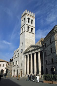 Torre del Poppolo and Temple of Minerva in Square Piazza del Comune in Assisi, Umbria, Italy