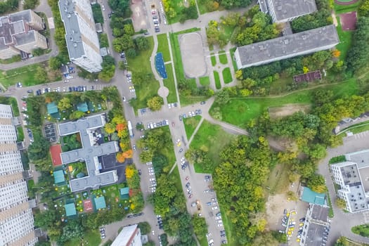 Top view of the city of Moscow, buildings and roads and other infrastructure of the city. Cityscape view from above.