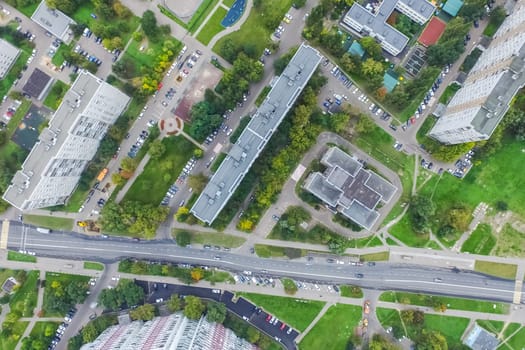 Top view of the city of Moscow, buildings and roads and other infrastructure of the city. Cityscape view from above.