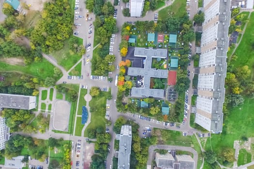 Top view of the city of Moscow, buildings and roads and other infrastructure of the city. Cityscape view from above.