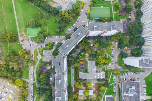 Top view of the city of Moscow, buildings and roads and other infrastructure of the city. Cityscape view from above.