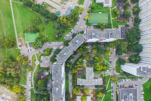 Top view of the city of Moscow, buildings and roads and other infrastructure of the city. Cityscape view from above.