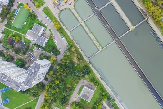Top view of the city of Moscow, buildings and roads and other infrastructure of the city. Cityscape view from above.