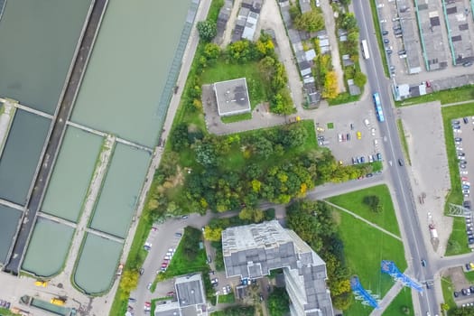 Top view of the city of Moscow, buildings and roads and other infrastructure of the city. Cityscape view from above.