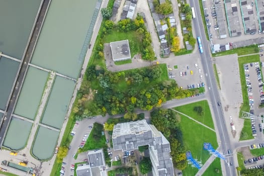 Top view of the city of Moscow, buildings and roads and other infrastructure of the city. Cityscape view from above.