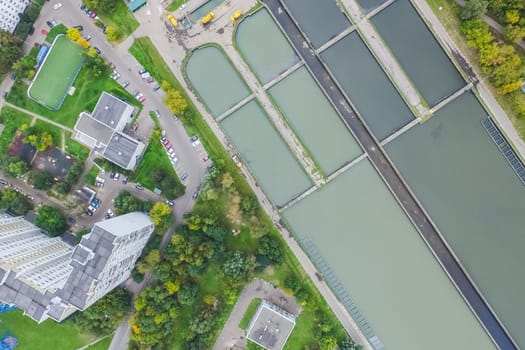 Top view of the city of Moscow, buildings and roads and other infrastructure of the city. Cityscape view from above.