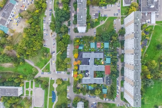 Top view of the city of Moscow, buildings and roads and other infrastructure of the city. Cityscape view from above.
