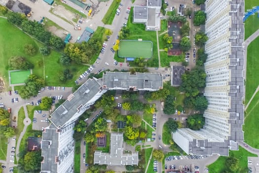 Top view of the city of Moscow, buildings and roads and other infrastructure of the city. Cityscape view from above.