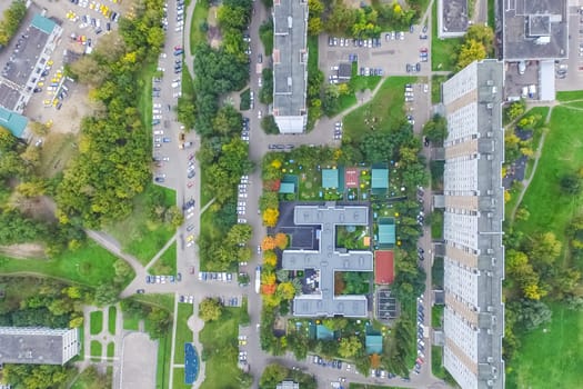 Top view of the city of Moscow, buildings and roads and other infrastructure of the city. Cityscape view from above.