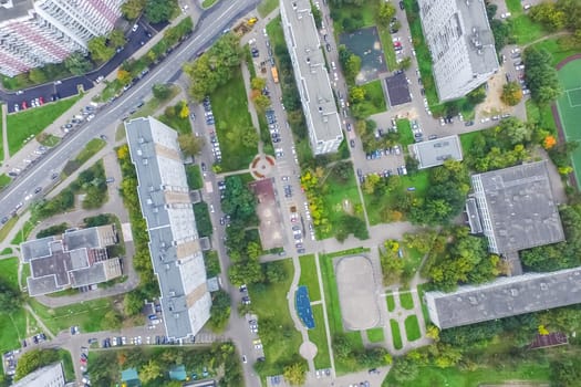 Top view of the city of Moscow, buildings and roads and other infrastructure of the city. Cityscape view from above.