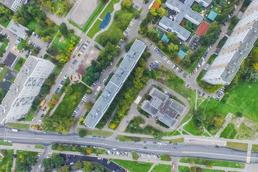 Top view of the city of Moscow, buildings and roads and other infrastructure of the city. Cityscape view from above.
