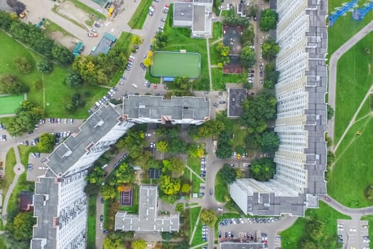 Top view of the city of Moscow, buildings and roads and other infrastructure of the city. Cityscape view from above.