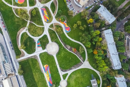 Top view of the city of Moscow, buildings and roads and other infrastructure of the city. Cityscape view from above.