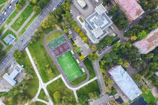 Top view of the city of Moscow, buildings and roads and other infrastructure of the city. Cityscape view from above.