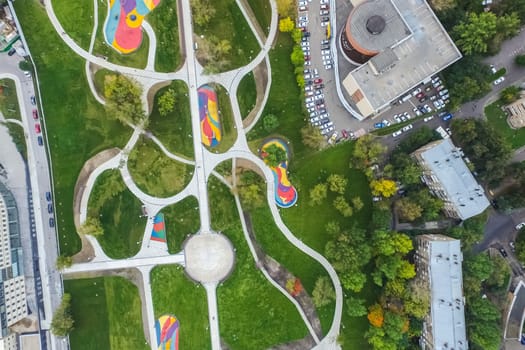 Top view of the city of Moscow, buildings and roads and other infrastructure of the city. Cityscape view from above.