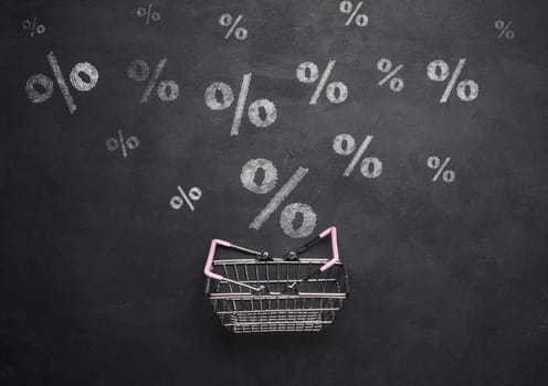 Miniature shopping metal cart on a background of a black chalk board with drawn percentages, discount start concept
