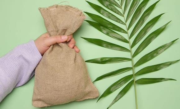 Woman's hand holding full canvas bag on green background