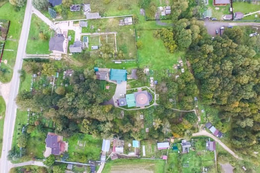 Top view of the village, fields and forests near the village