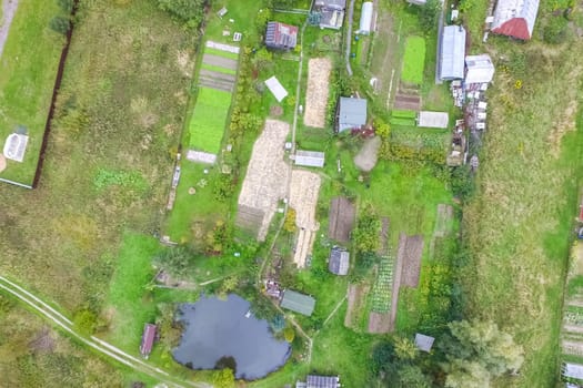 Top view of the village, fields and forests near the village