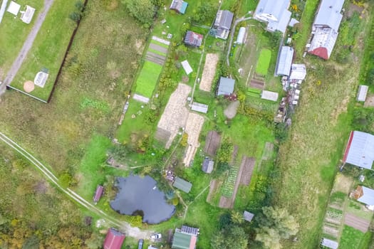 Top view of the village, fields and forests near the village