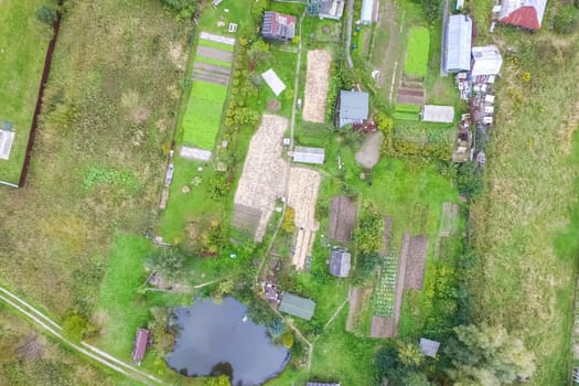 Top view of the village, fields and forests near the village