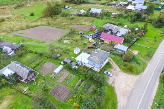 Top view of the village, fields and forests near the village