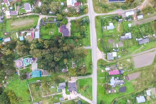 Top view of the village, fields and forests near the village