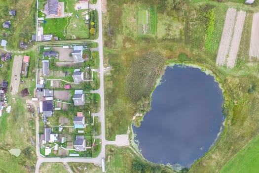 Top view of the village, fields and forests near the village