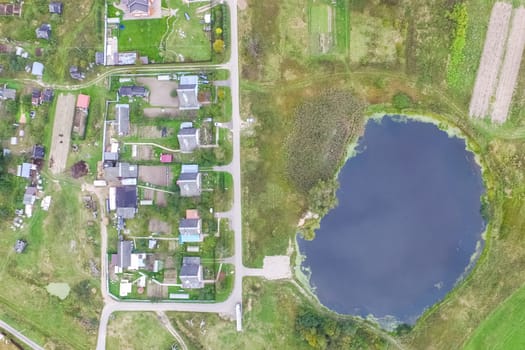 Top view of the village, fields and forests near the village