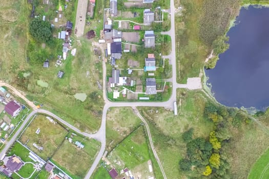 Top view of the village, fields and forests near the village