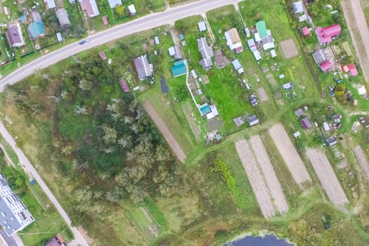 Top view of the village, fields and forests near the village