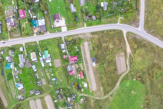 Top view of the village, fields and forests near the village